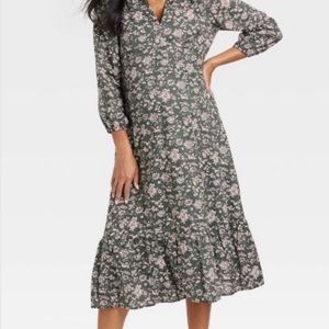 The Nines by HATCH Sz M Green & Blush Pink Floral MIDI Dress V-Neck Ruffles FLAW